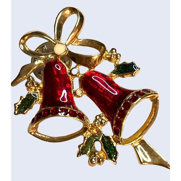 Vintage Gold-Tone Red Enamel Christmas Bell Brooch With Holly  Bow Pin Jewelry - Picture 3 of 11